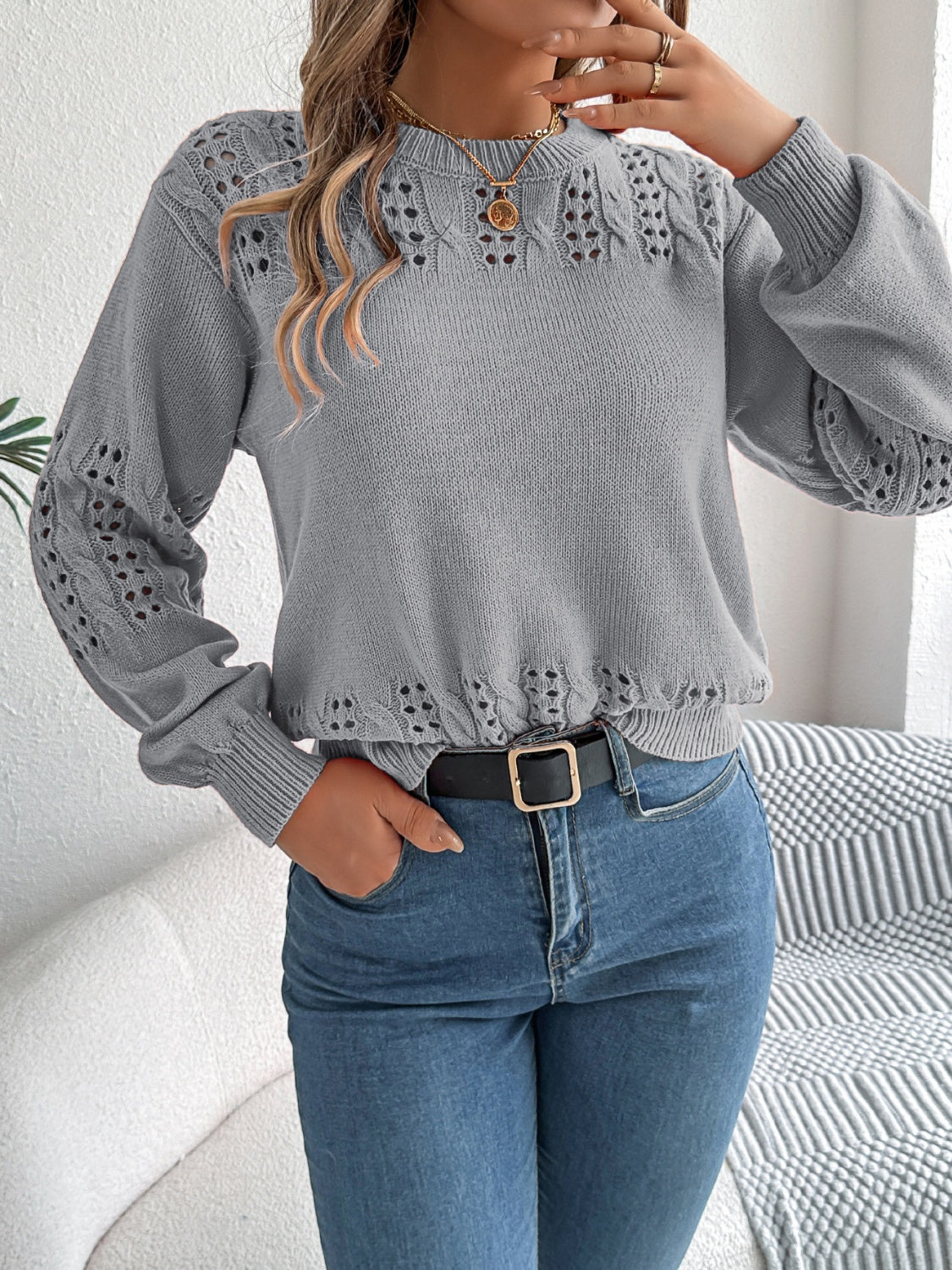 Openwork Round Neck Long Sleeve Sweater - T - 3 COLORS -