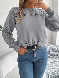 Thumbnail for Openwork Round Neck Long Sleeve Sweater - T - 3 COLORS -