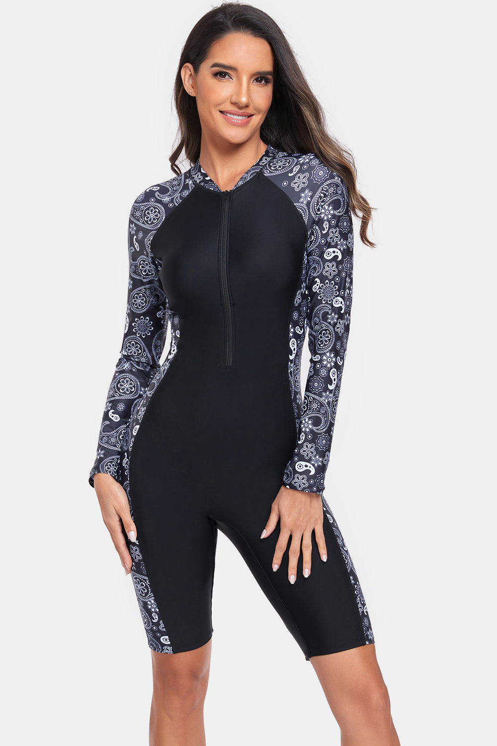 Printed Half Zip Long Sleeve One-Piece Swimwear - T - 1 COLOR -