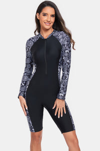 Thumbnail for Printed Half Zip Long Sleeve One-Piece Swimwear - T - 1 COLOR -