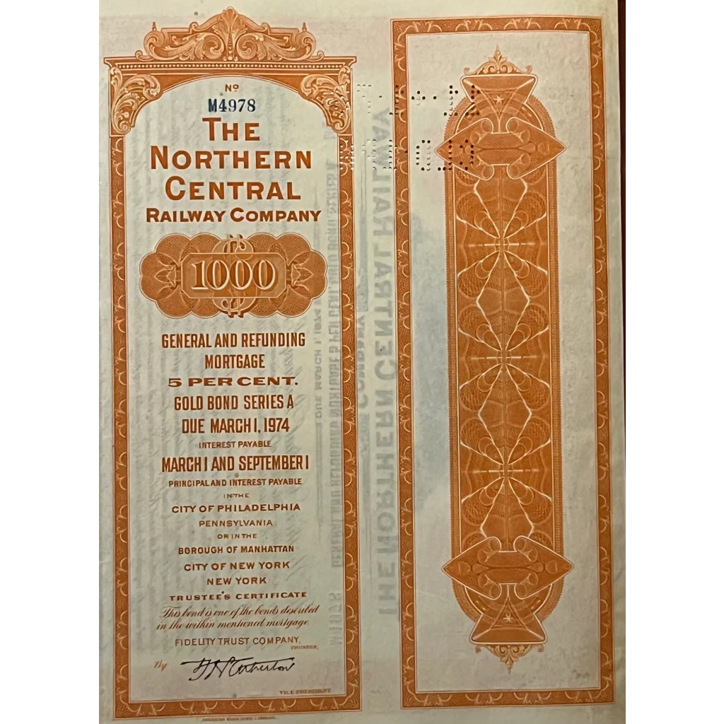 Antique 1924 Northern Central Railway Company Gold Bond Certificate