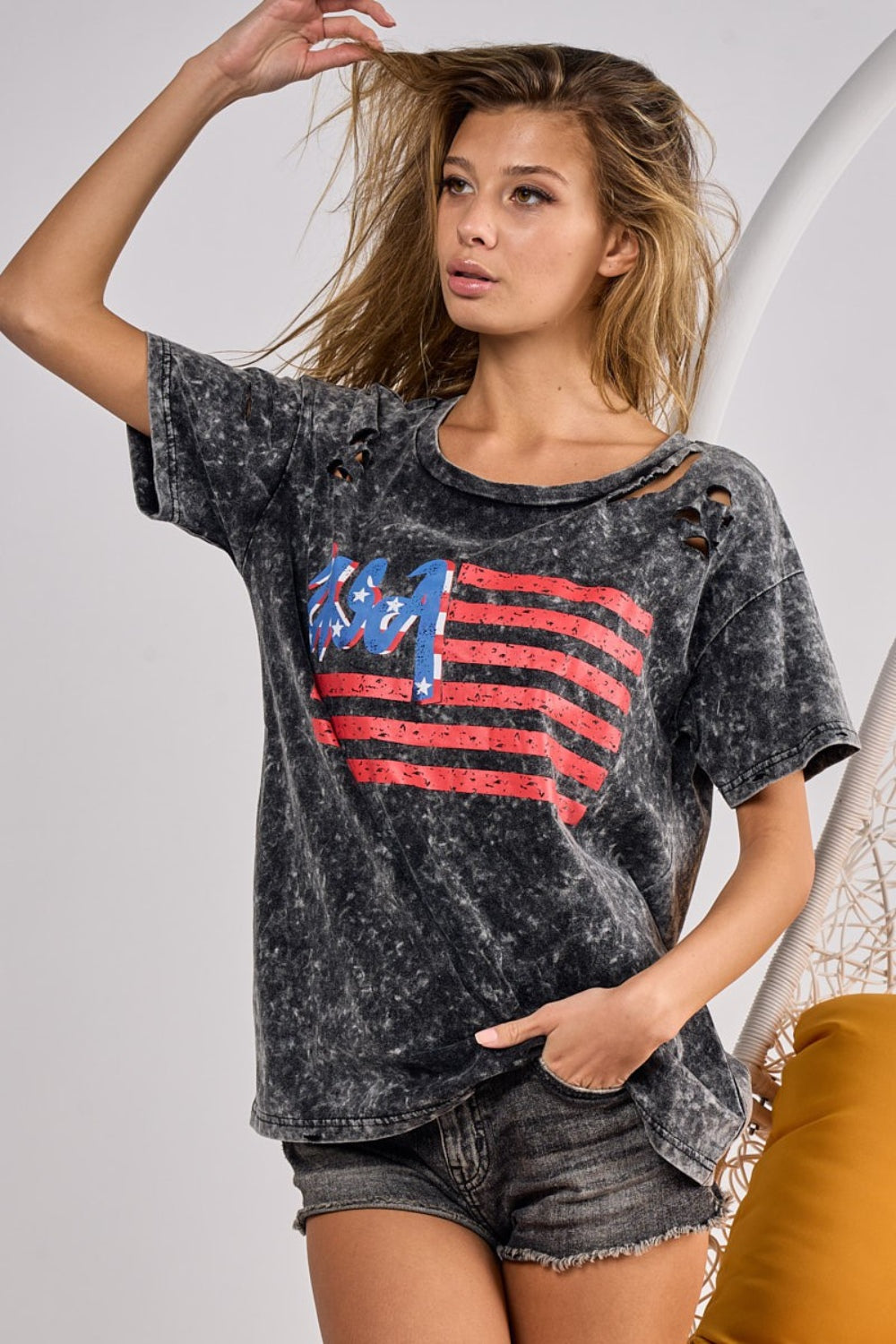 BiBi US Flag Washed Laser Cut T-Shirt - T - 1 COLOR -