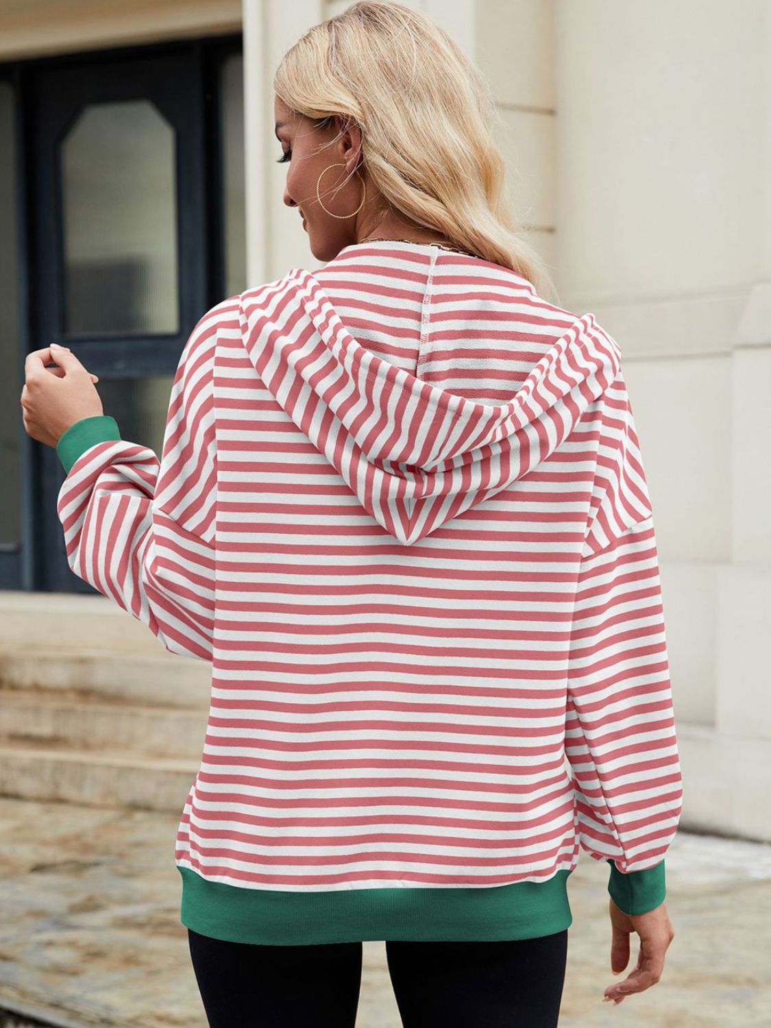 Drawstring Striped Zip Up Long Sleeve Hoodie - T - 4 COLORS -