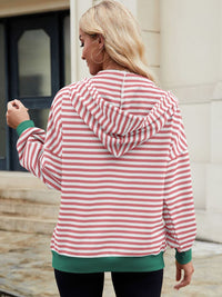 Thumbnail for Drawstring Striped Zip Up Long Sleeve Hoodie - T - 4 COLORS -