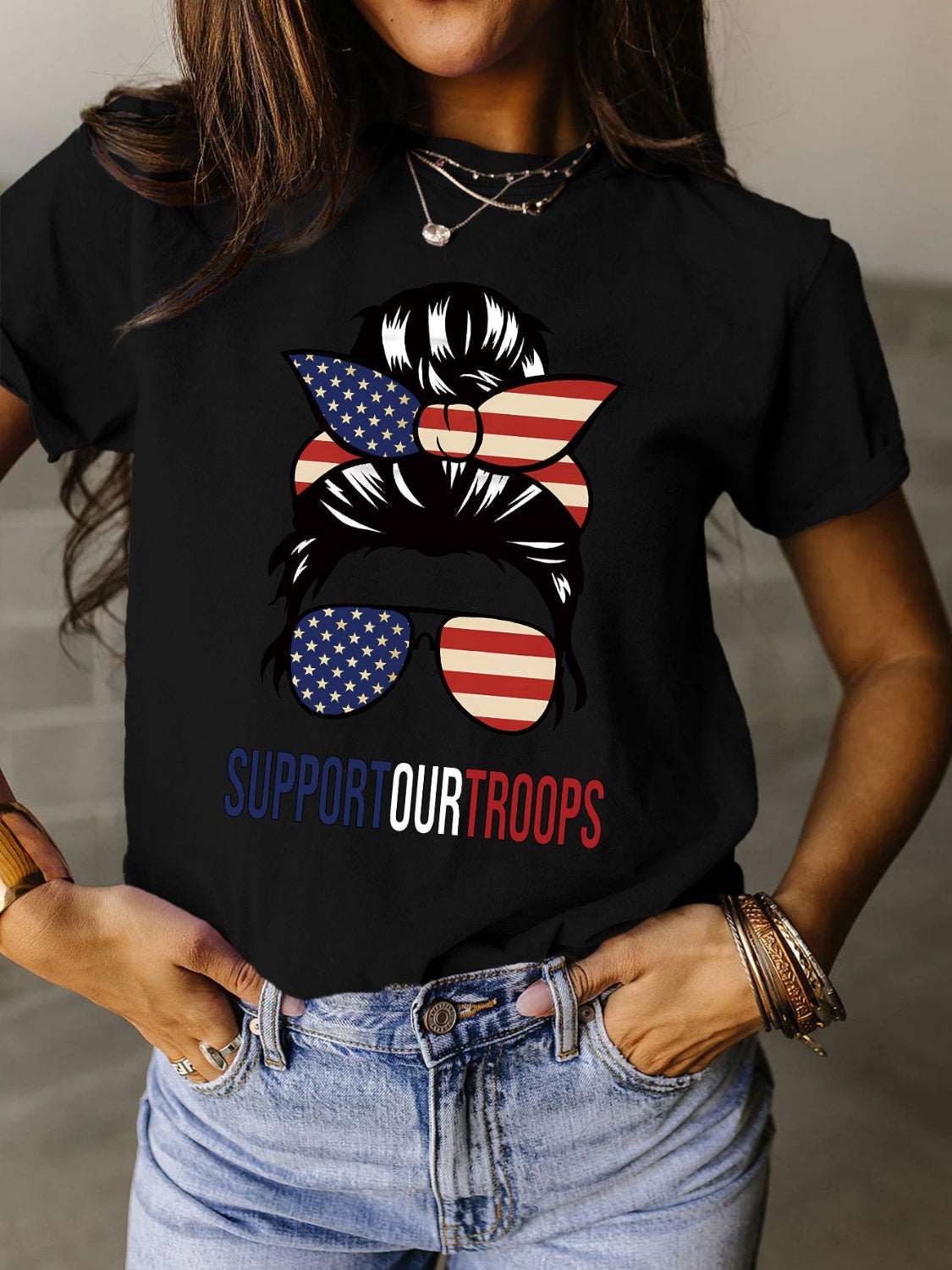 Support Our Troops Full Size Graphic Round Neck Short Sleeve T-Shirt - T - 9 COLORS -