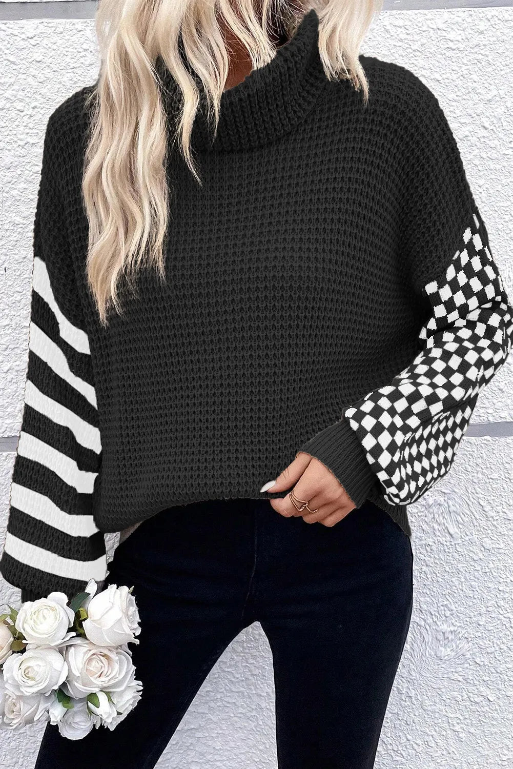 Checkered Striped Turtleneck Long Sleeve Sweater - T - 2 COLORS -