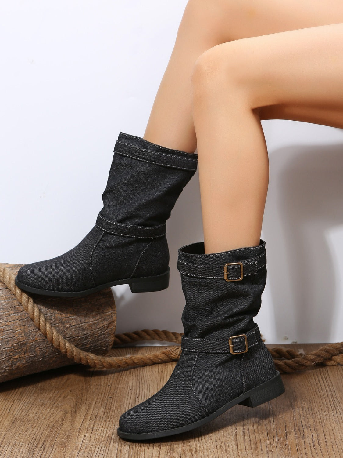 Double Buckle Block Heel Boots - T - 2 COLORS -