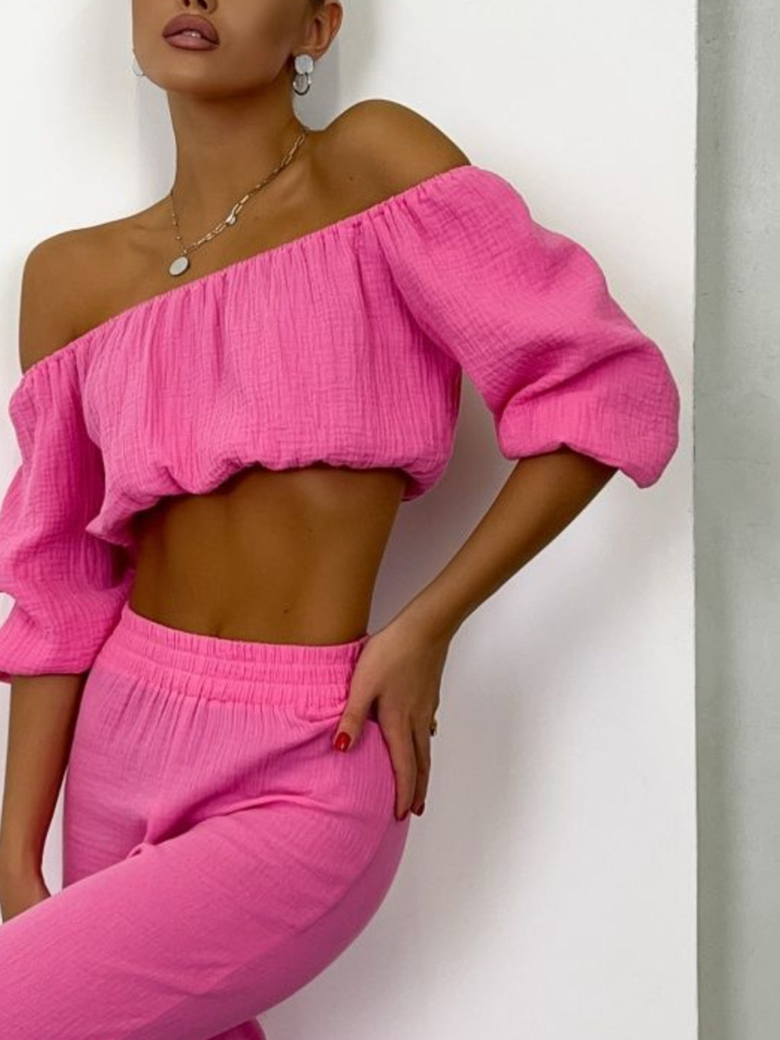 Off Shoulder Long Sleeve Top and Pants Set - 2 PCS. - T - 5 COLORS -