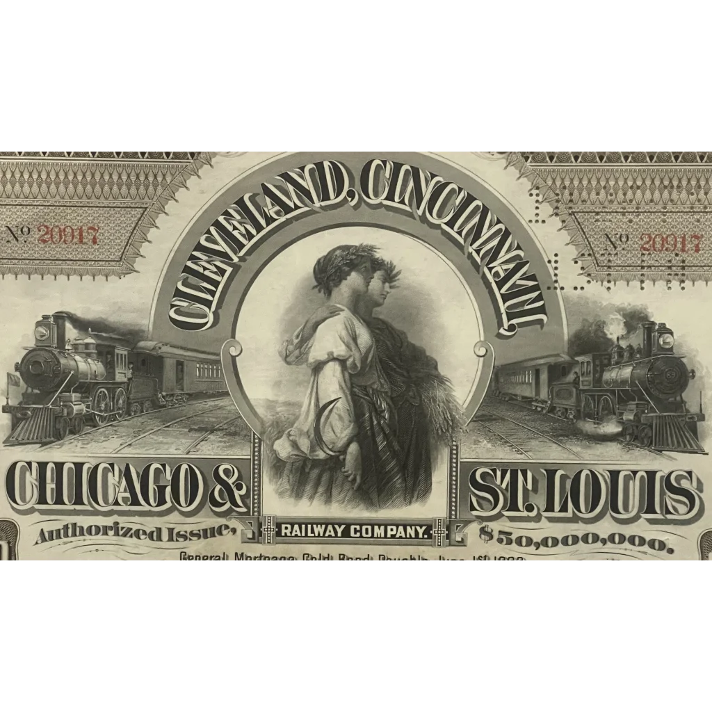 Antique 1893 Cleveland Cincinnati Chicago St Louis Railroad Bond Certificate