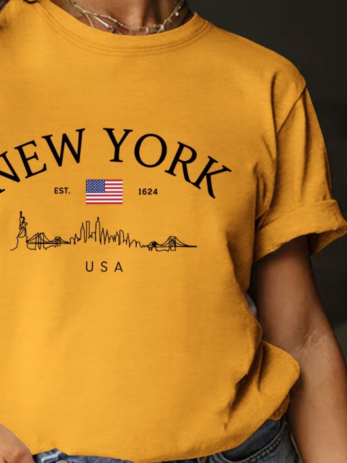 New York Skyline Letter Graphic Round Neck Short Sleeve T-Shirt - 10 COLORS -