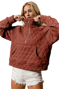 Thumbnail for Double Take Half Zip Long Sleeve Quilted Sweatshirt with Pocket - T - 5 COLORS -