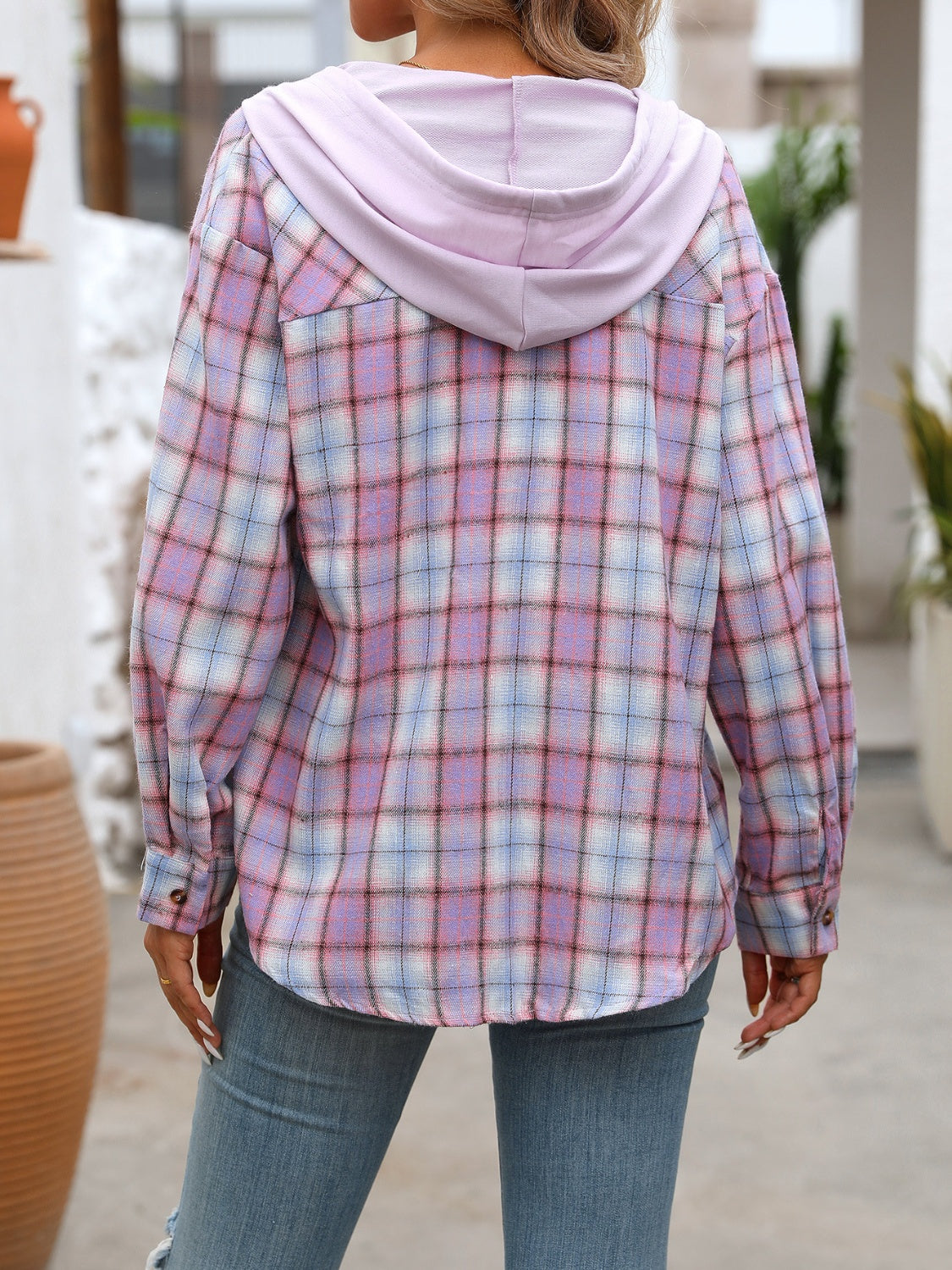 Plaid Long Sleeve Lightweight Hooded Jacket - T - 5 COLORS -