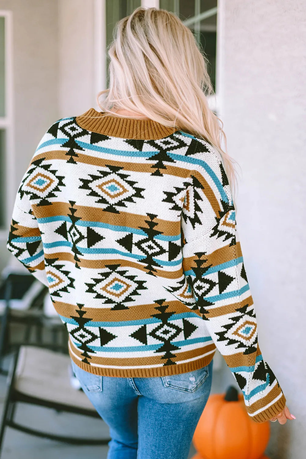 Full Size Geometric Round Neck Long Sleeve Sweater - T - 1 COLOR -