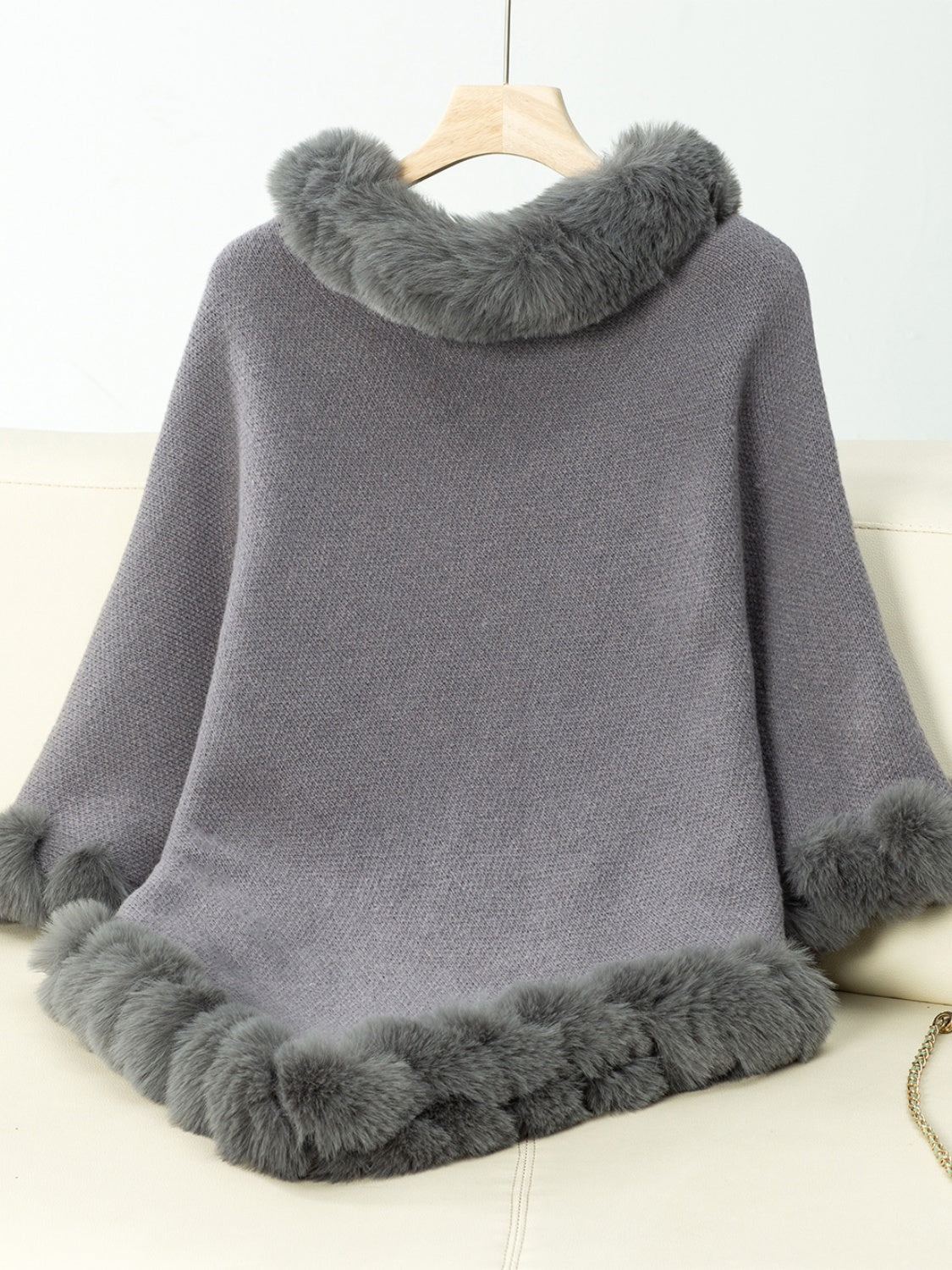 Fuzzy Trim Texture Three-Quarter Sleeve Poncho - 1 SIZE - T - 6 COLORS -