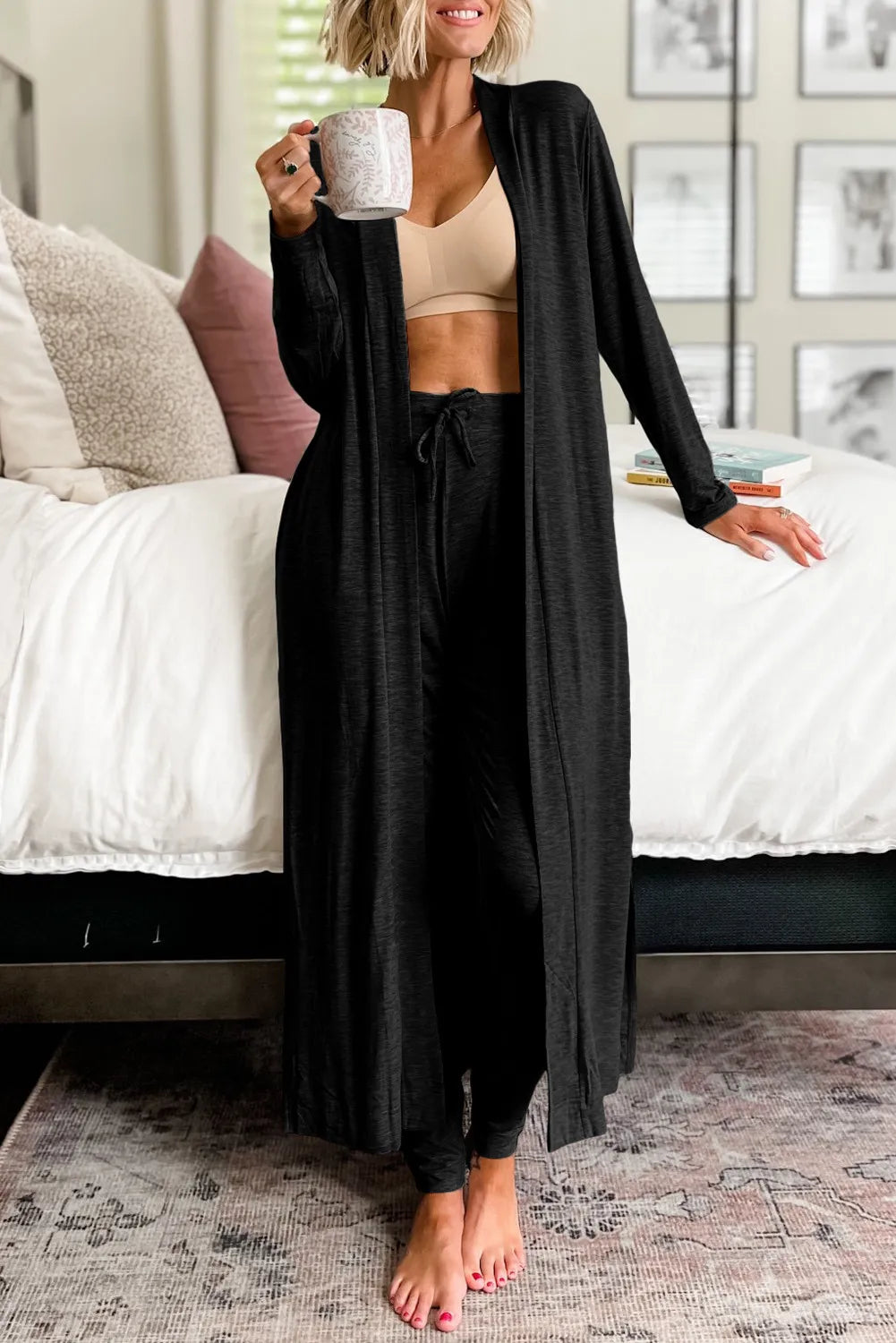 Open Front Long Sleeve Cardigan and Pants Lounge Set - 2 PCS. - T - 1 COLOR -