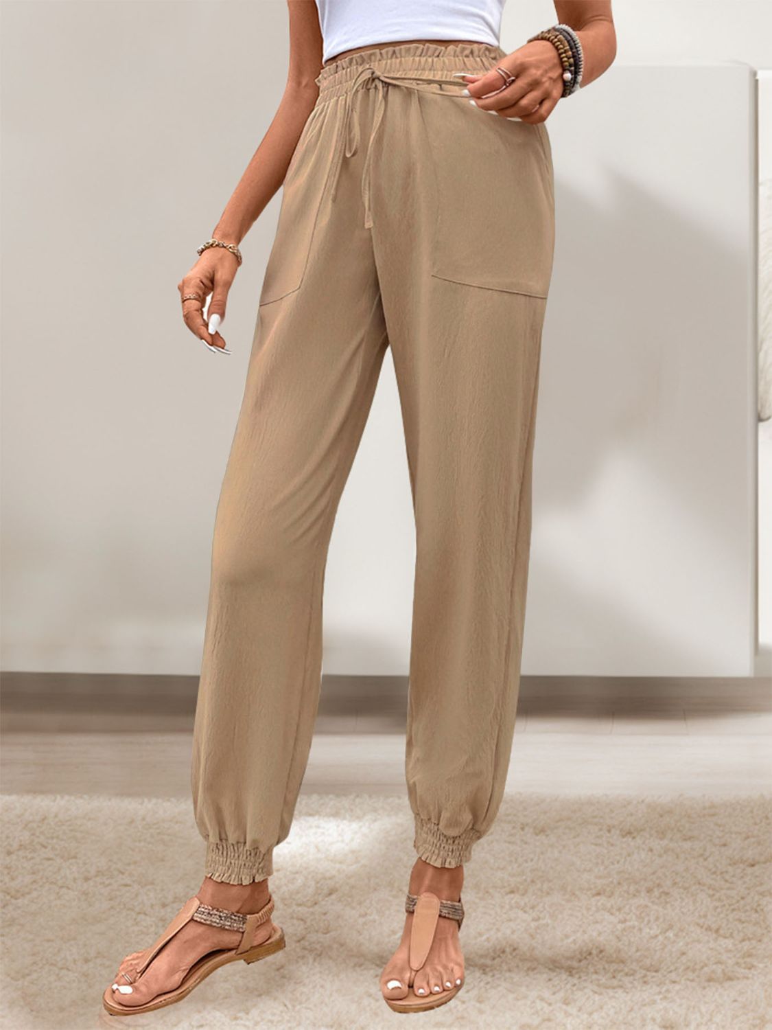 Tied Elastic Waist Pants with Pockets - T - 1 COLOR -