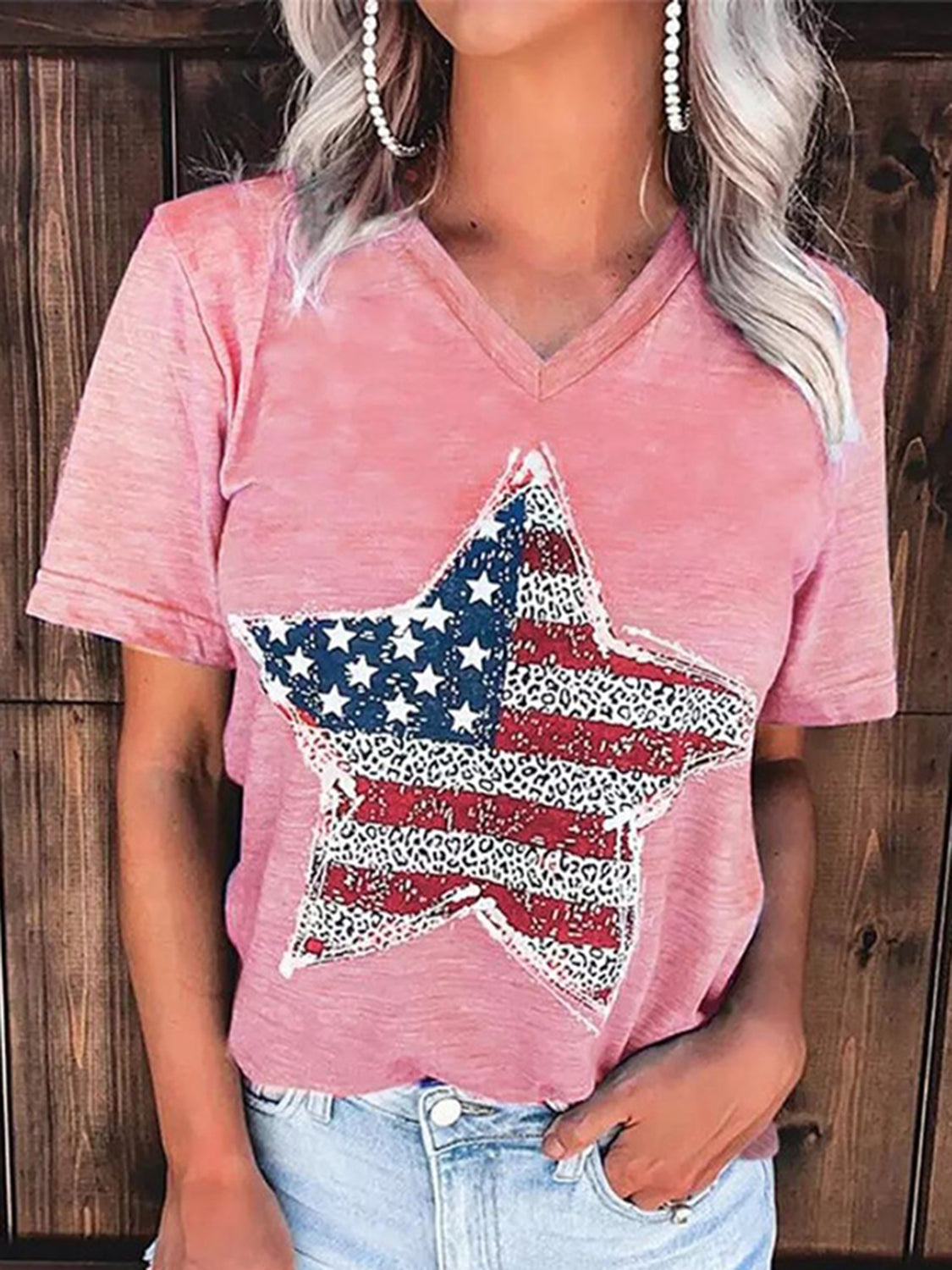 US Flag Graphic V-Neck Short Sleeve T-Shirt - T - 1 COLOR -