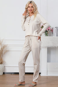 Thumbnail for Half Button Round Neck Top and Drawstring Pants Lounge Set - 2 PCS. - T - 1 COLOR -