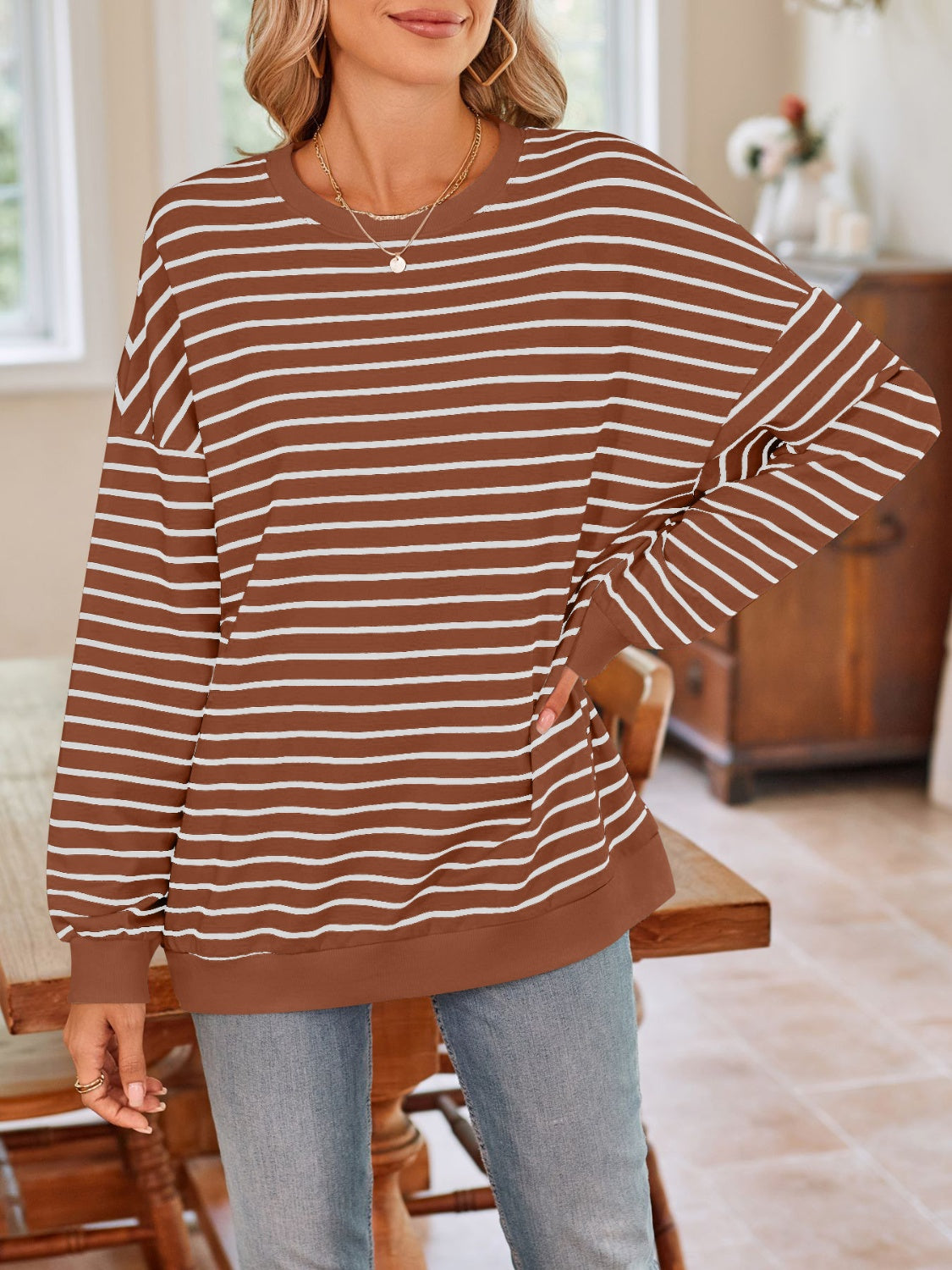 Striped Round Neck Long Sleeve Sweatshirt - T - 6 COLORS -