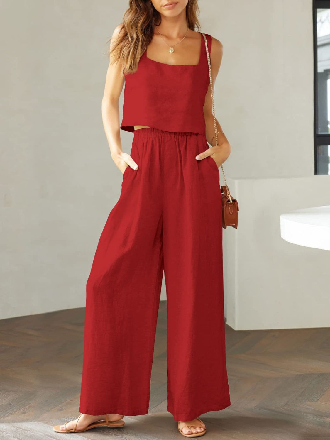 Square Neck Top and Wide Leg Pants set - 2 PCS. - T - 8 COLORS -