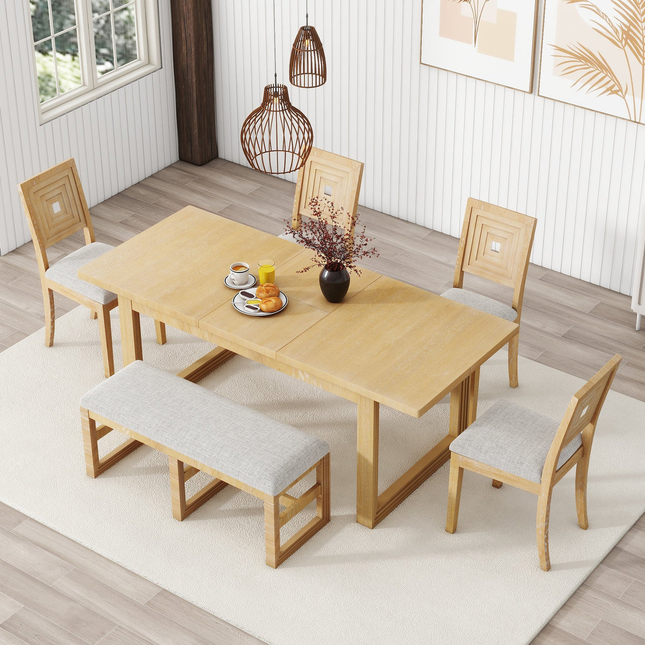 Modern 78inch 6-Piece Extendable Dining Table Set, 4 Upholstered Dining Chairs and Dining Bench, 18" Butterfly Leaf, Nat