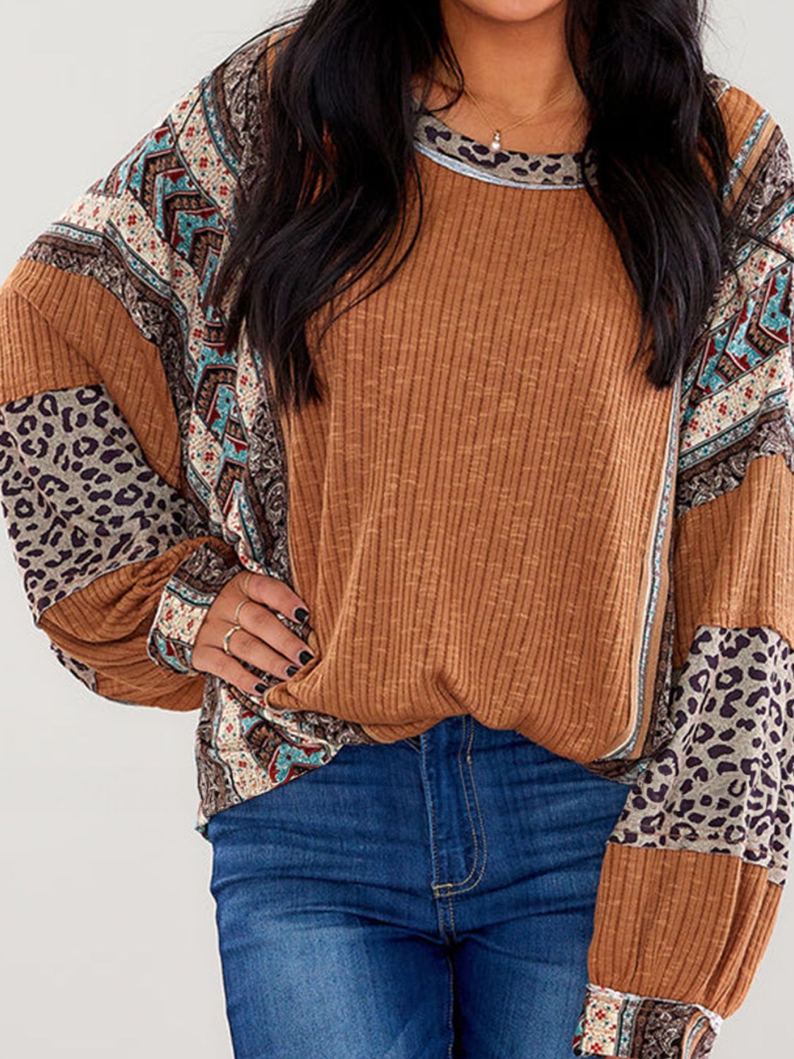 Leopard Round Neck Long Sleeve Sweatshirt - T - 2 COLORS -