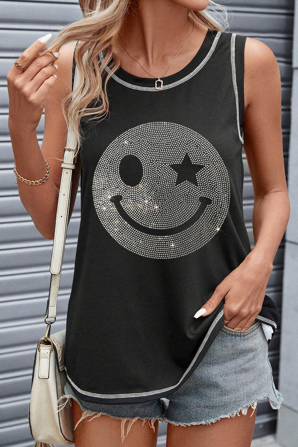 Rhinestone Smile Face Round Neck Tank - T - 1 COLOR -