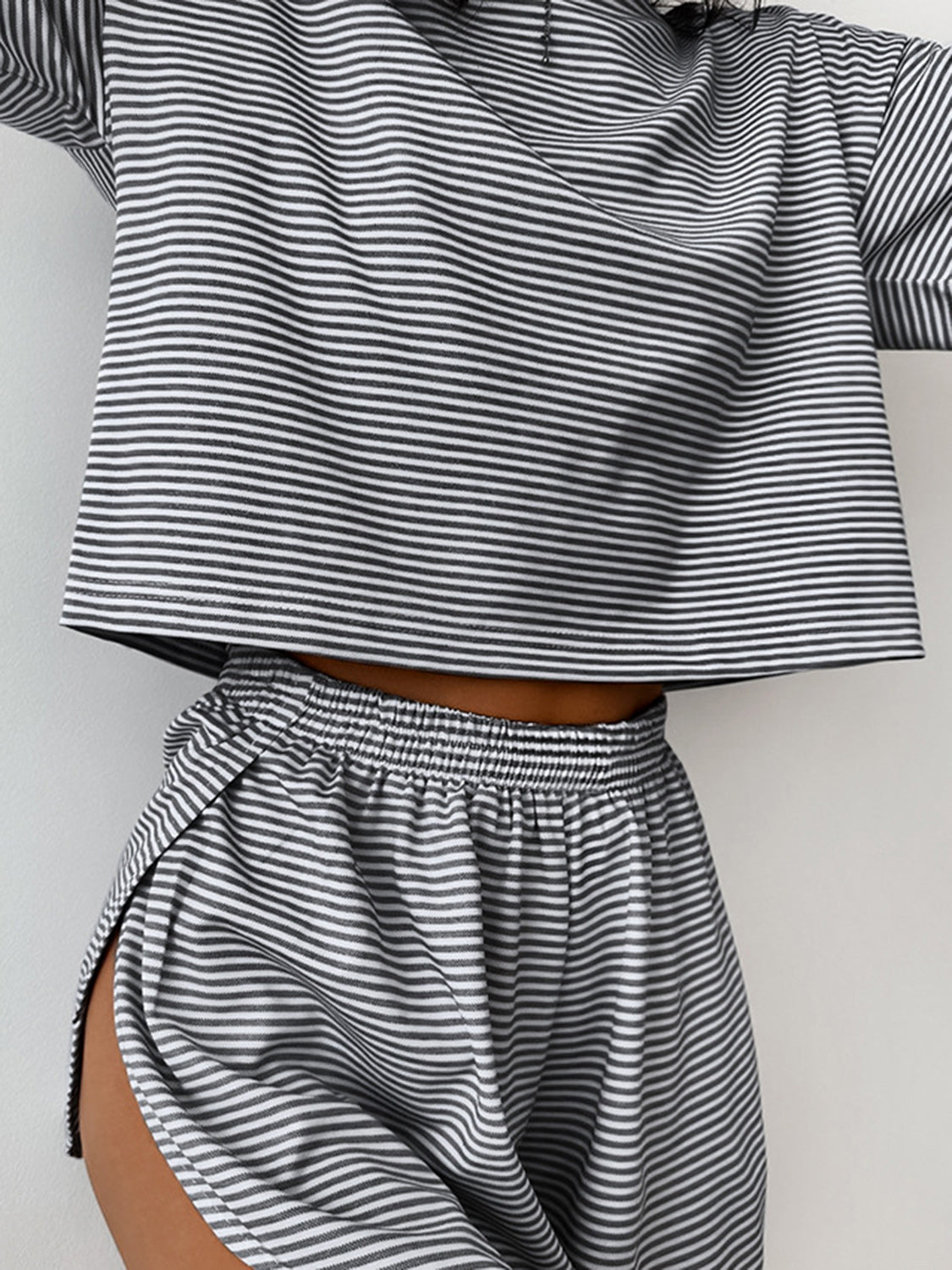 Striped Round Neck Top and Shorts Set - 2 PCS. - T - 3 COLORS -