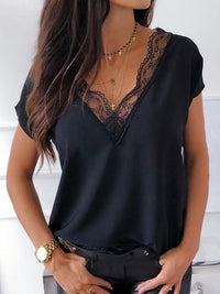 Thumbnail for Full Size Lace Detail V-Neck Short Sleeve Blouse - T - 2 COLORS -