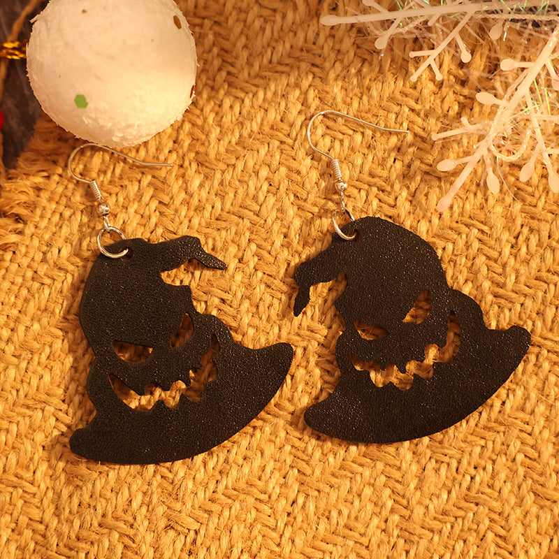 Faux Leather - pumpkin face Hat Shape Earrings - 1 COLOR -