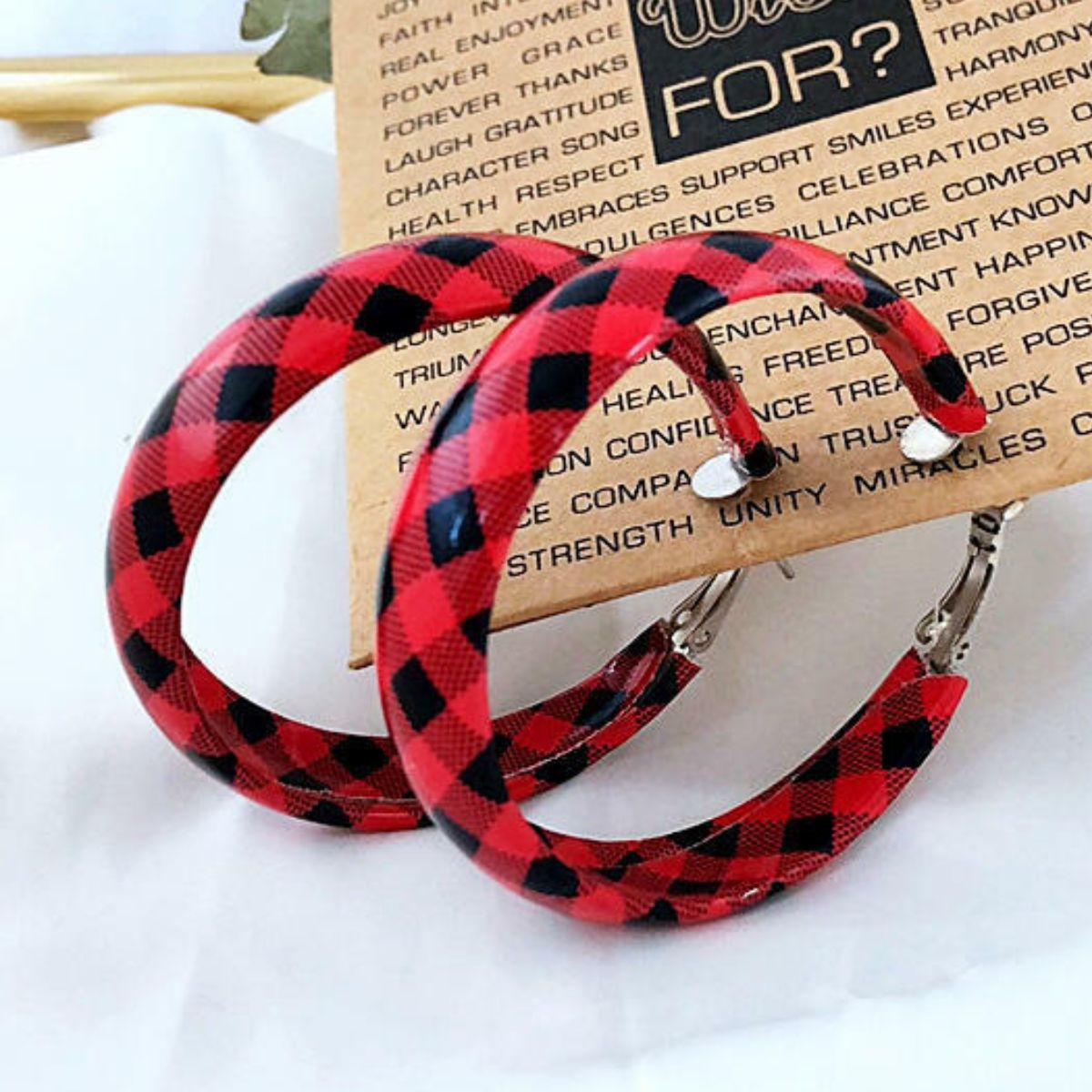 Plaid Faux Leather Hoop Earrings - T - 5 COLORS -