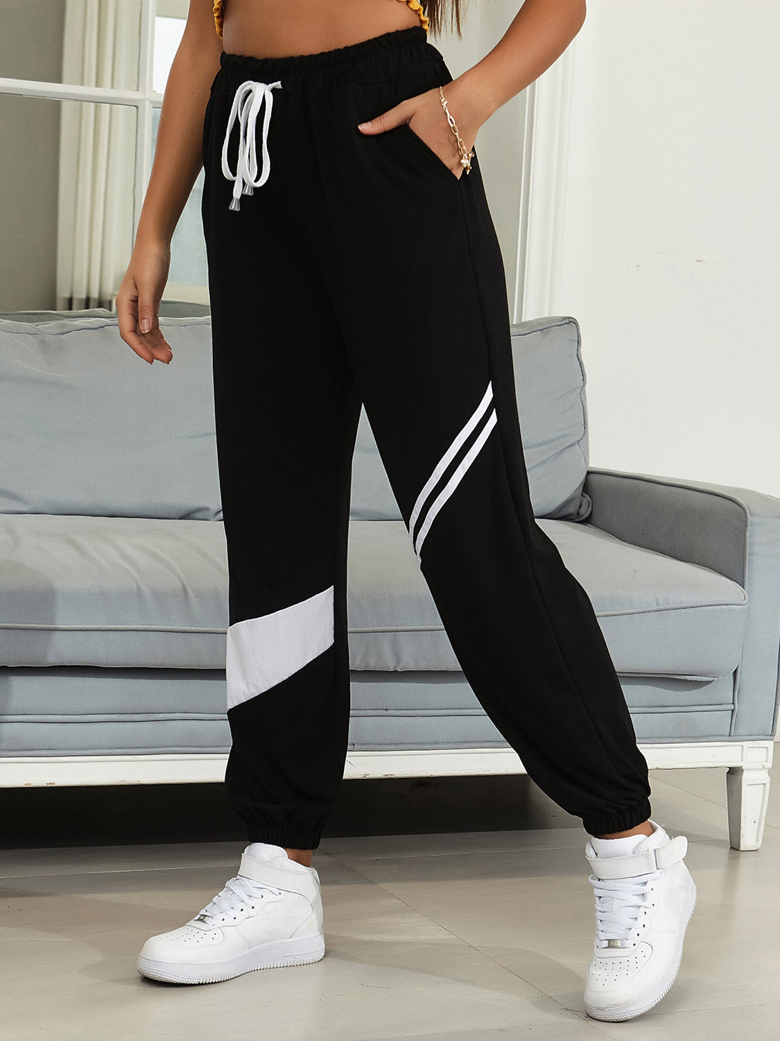 Drawstring Contrast Joggers with Pockets - T - 1 COLOR -