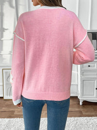 Thumbnail for Perfee Flower V-Neck Long Sleeve Sweater - T - 1 COLOR -