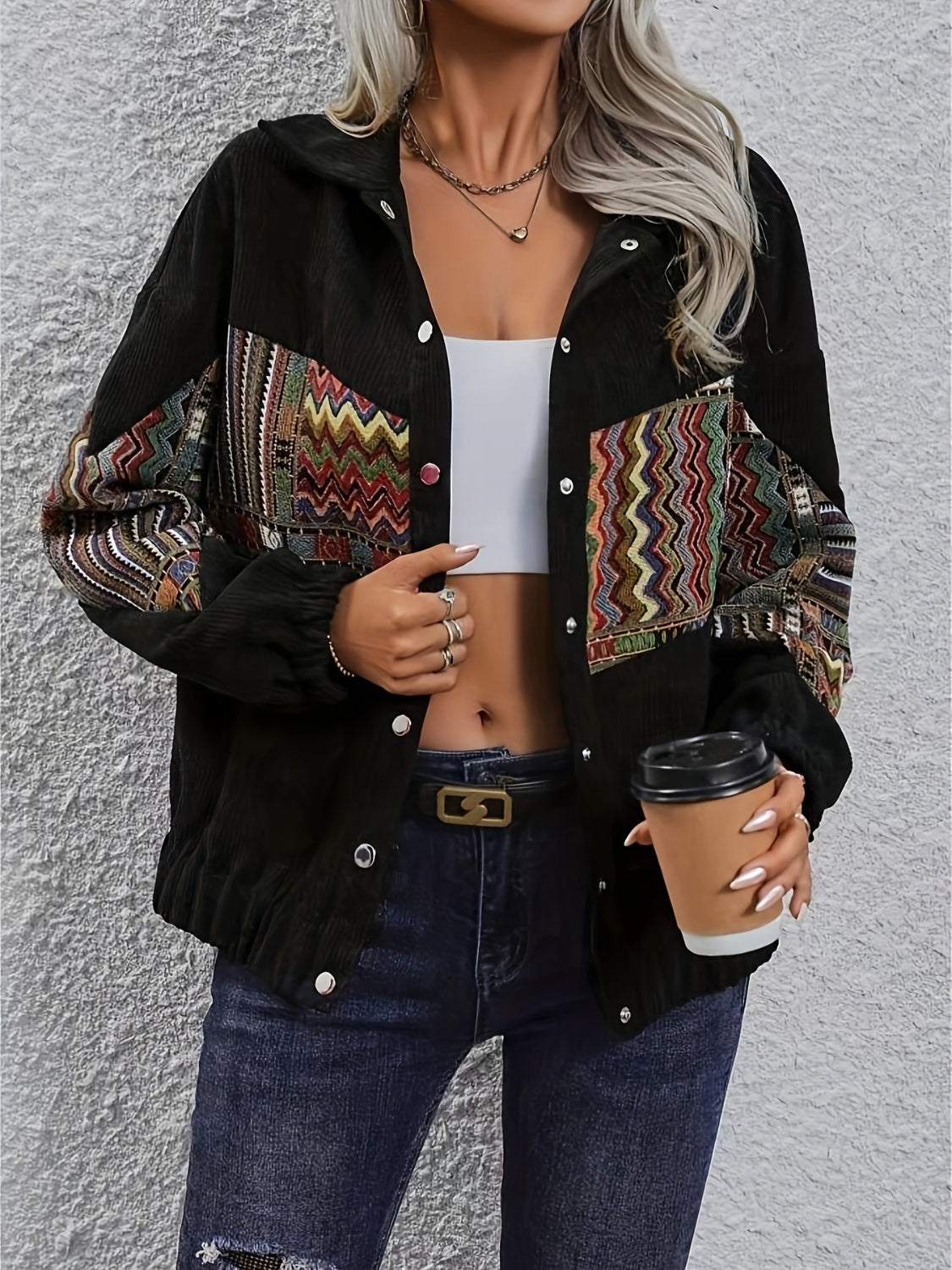 Embroidered Collared Neck Snap Down Jacket - T - 1 COLOR -