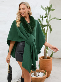 Thumbnail for Fuzzy Trim Open Front Poncho - ONE SIZE - T - 6 COLORS -