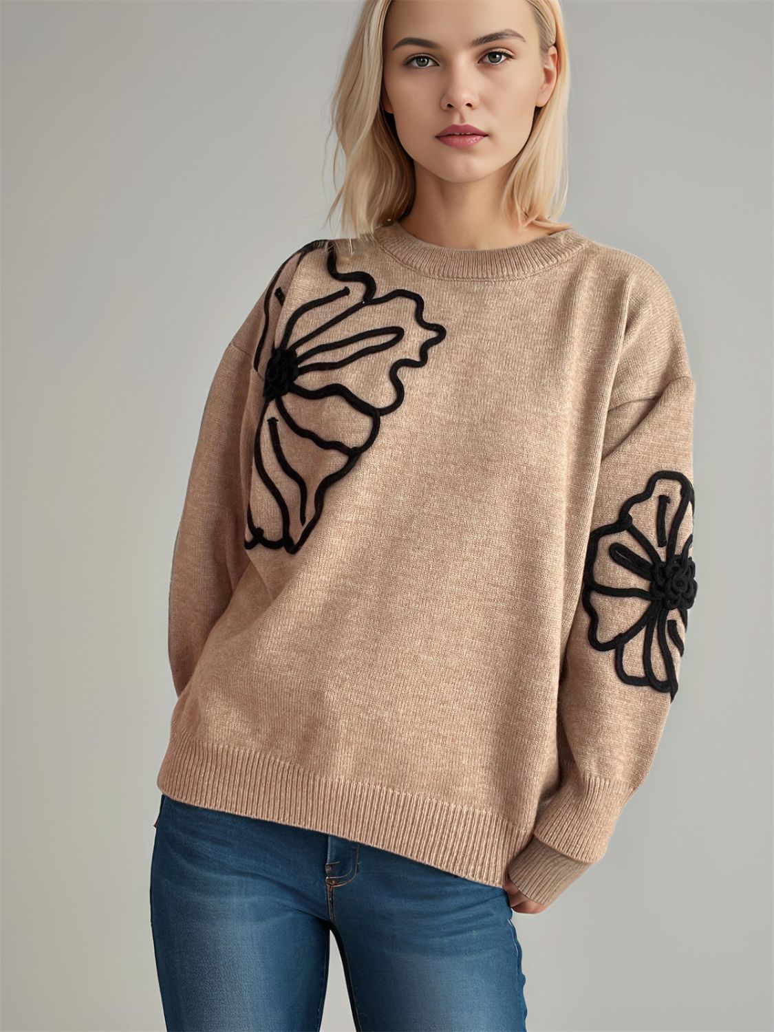 Flower Round Neck Long Sleeve Sweater - T - 4 COLORS -