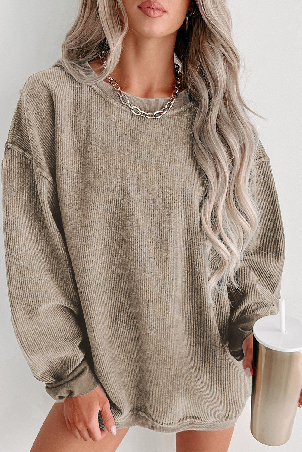 Round Neck Dropped Shoulder Sweatshirt - T - 1 COLOR -