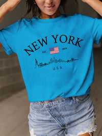 Thumbnail for New York Skyline Letter Graphic Round Neck Short Sleeve T-Shirt - 10 COLORS -