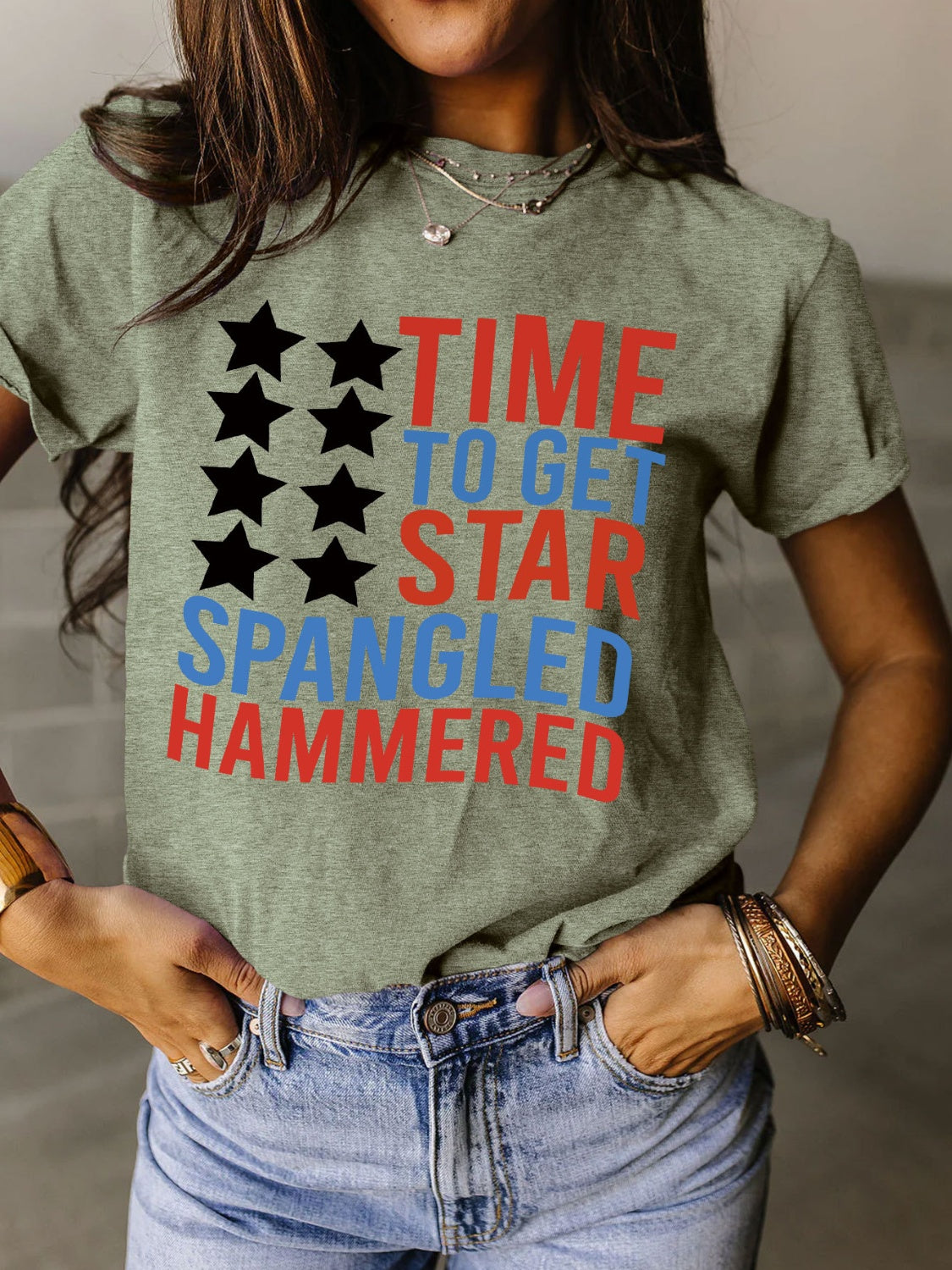 Full Size - 'Time to get Star Spangle Hammered' Letter Graphic Round Neck Short Sleeve T-Shirt - T - 12 COLORS -