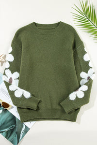 Thumbnail for Flower Round Neck Long Sleeve Sweater - T - 5 COLORS -