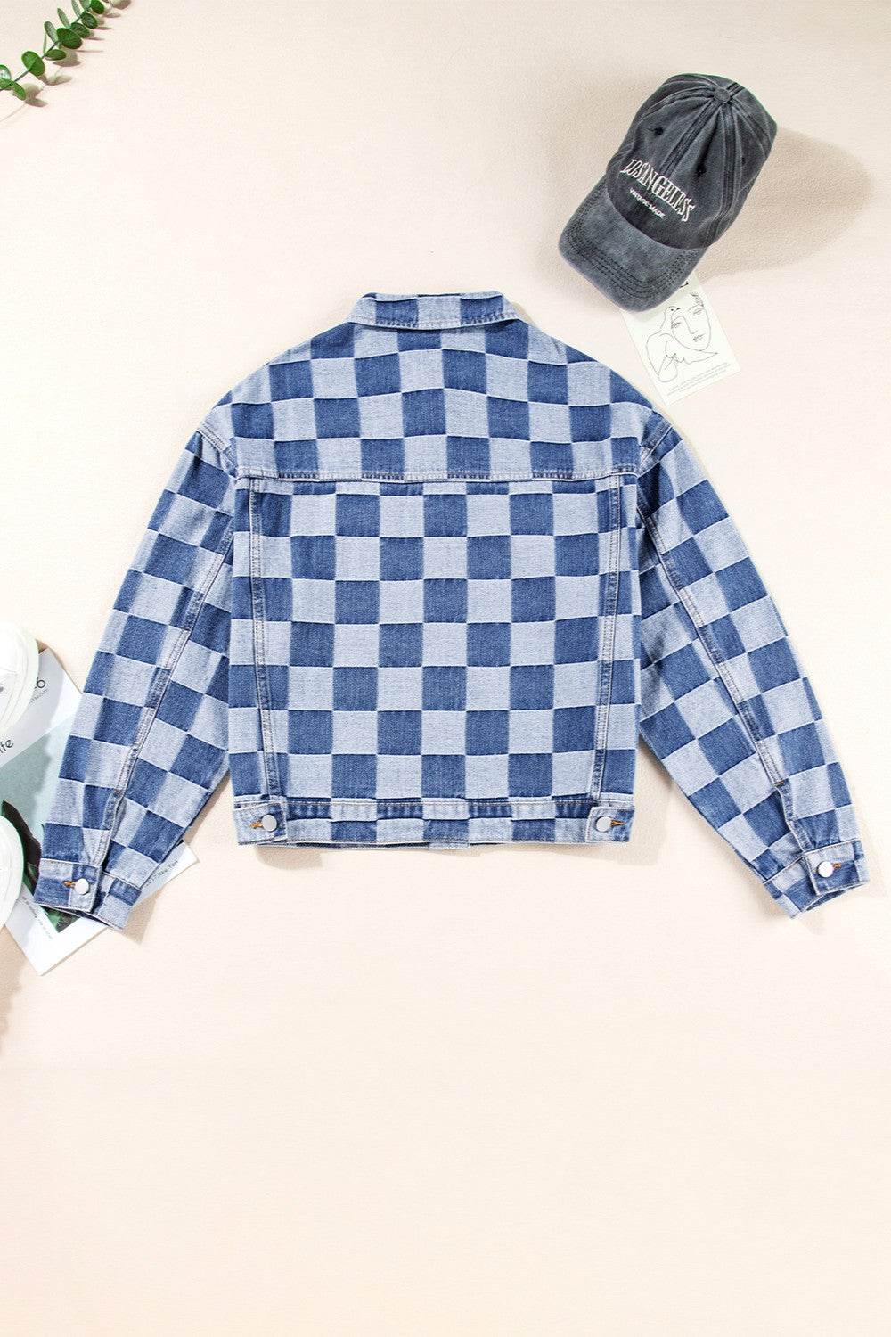 Checkered Button Up Long Sleeve Denim Jacket - T - 1 COLOR -