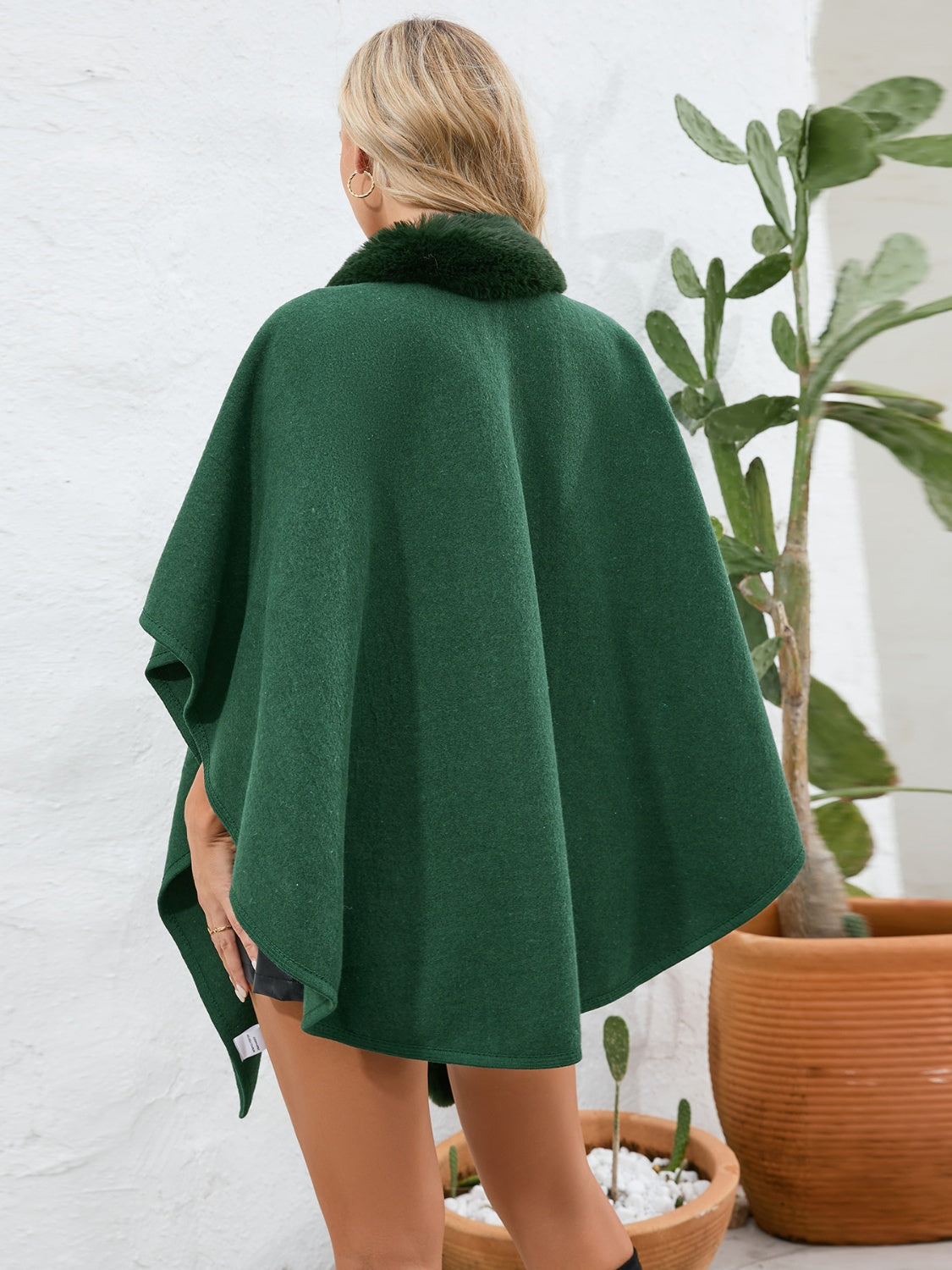 Fuzzy Trim Open Front Poncho - ONE SIZE - T - 6 COLORS -