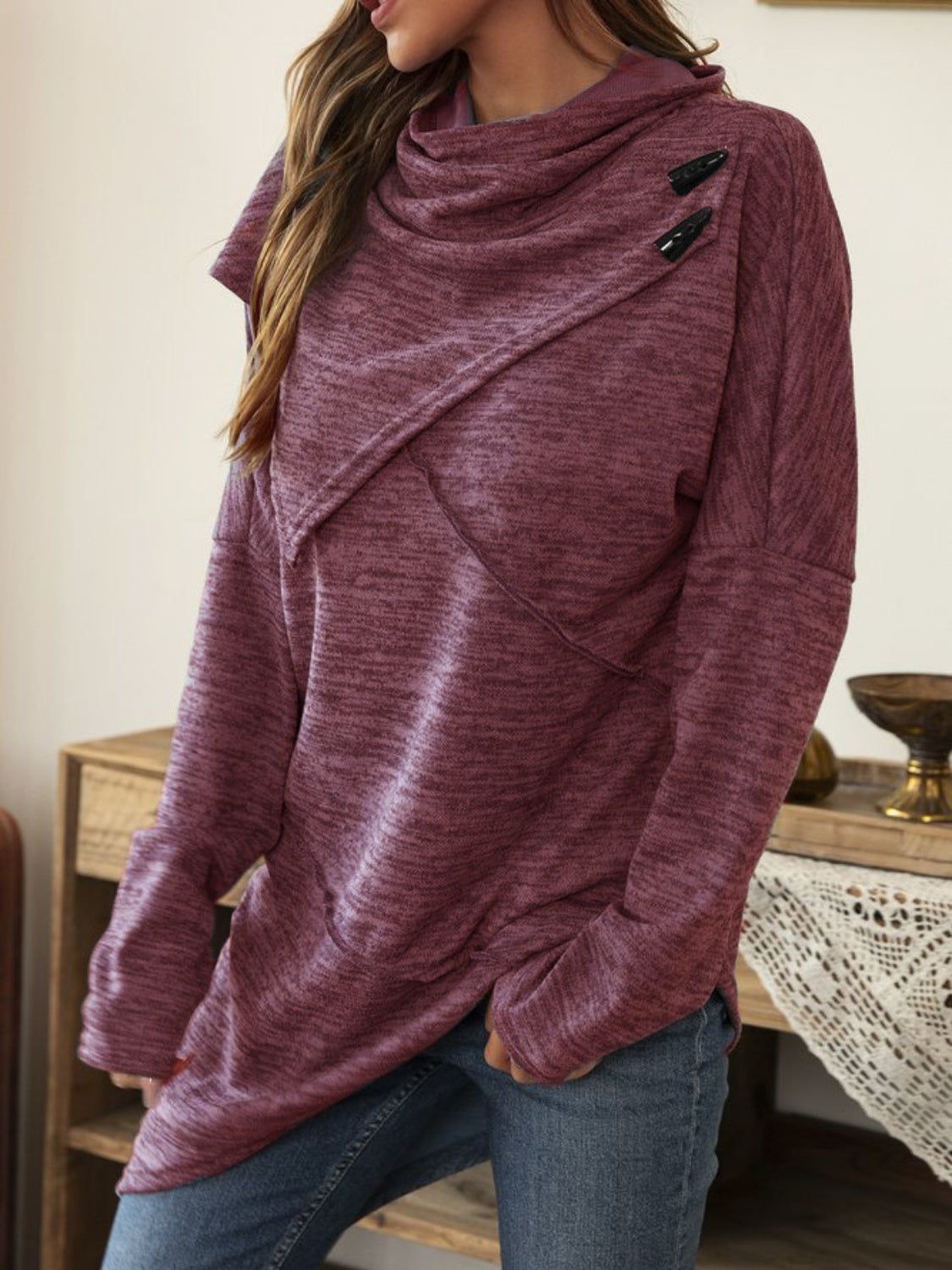 Asymmetrical Hem Cowl Neck Long Sleeve T-Shirt - T - 5 COLORS -