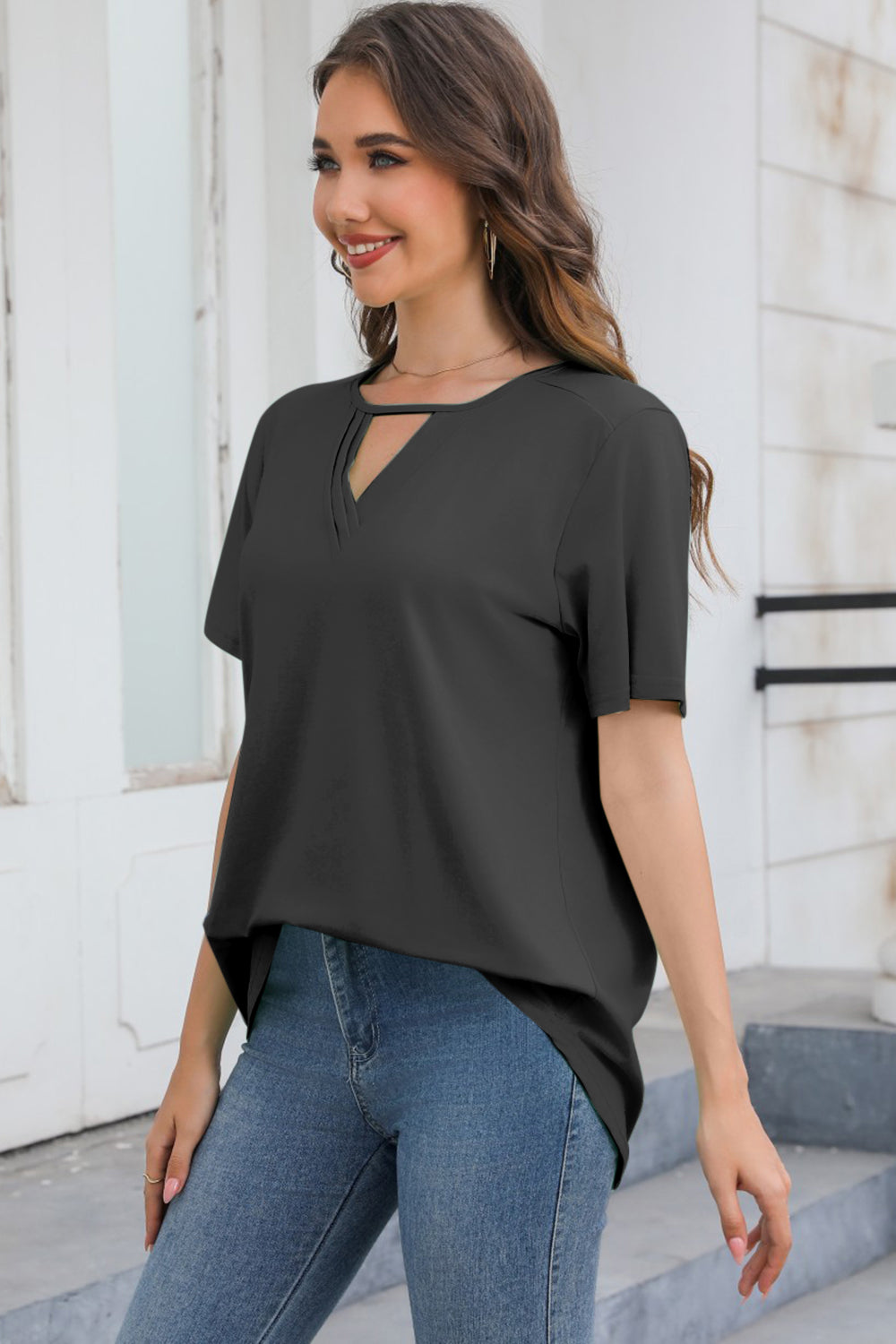 Cutout V-Neck Short Sleeve T-Shirt - T - 5 COLORS -