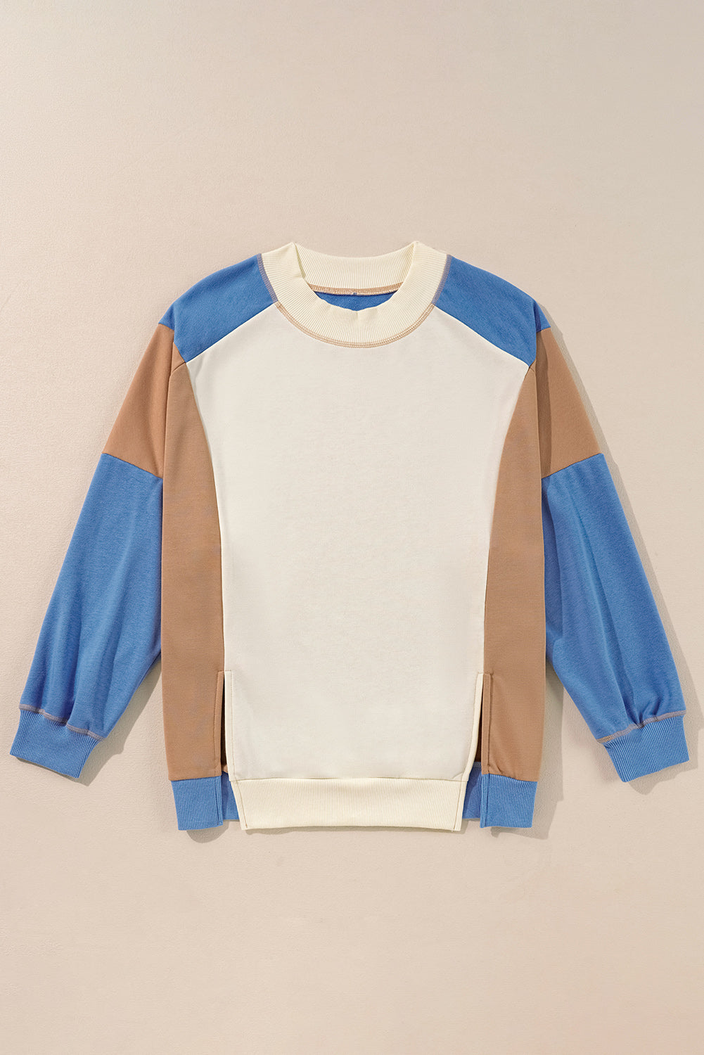 Slit Color Block Round Neck Long Sleeve Sweatshirt - T - 1 COLOR -