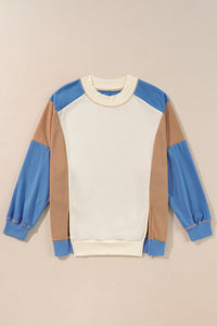 Thumbnail for Slit Color Block Round Neck Long Sleeve Sweatshirt - T - 1 COLOR -