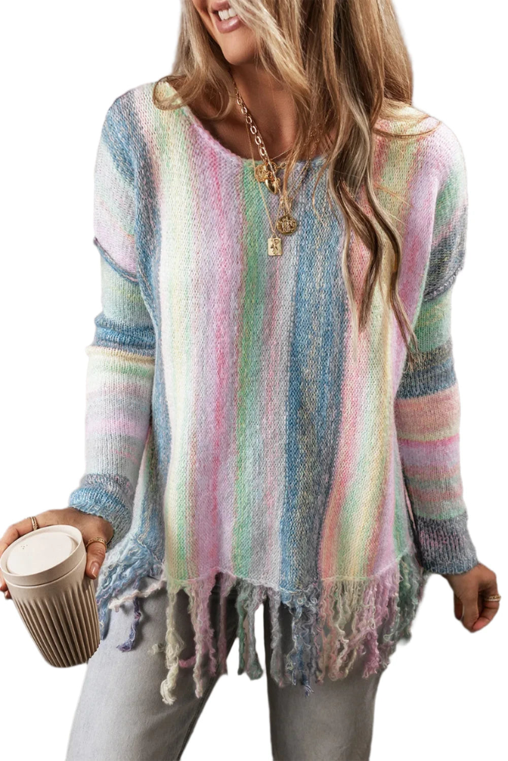 Fringe Color Block Round Neck Sweater - T - 1 COLOR -