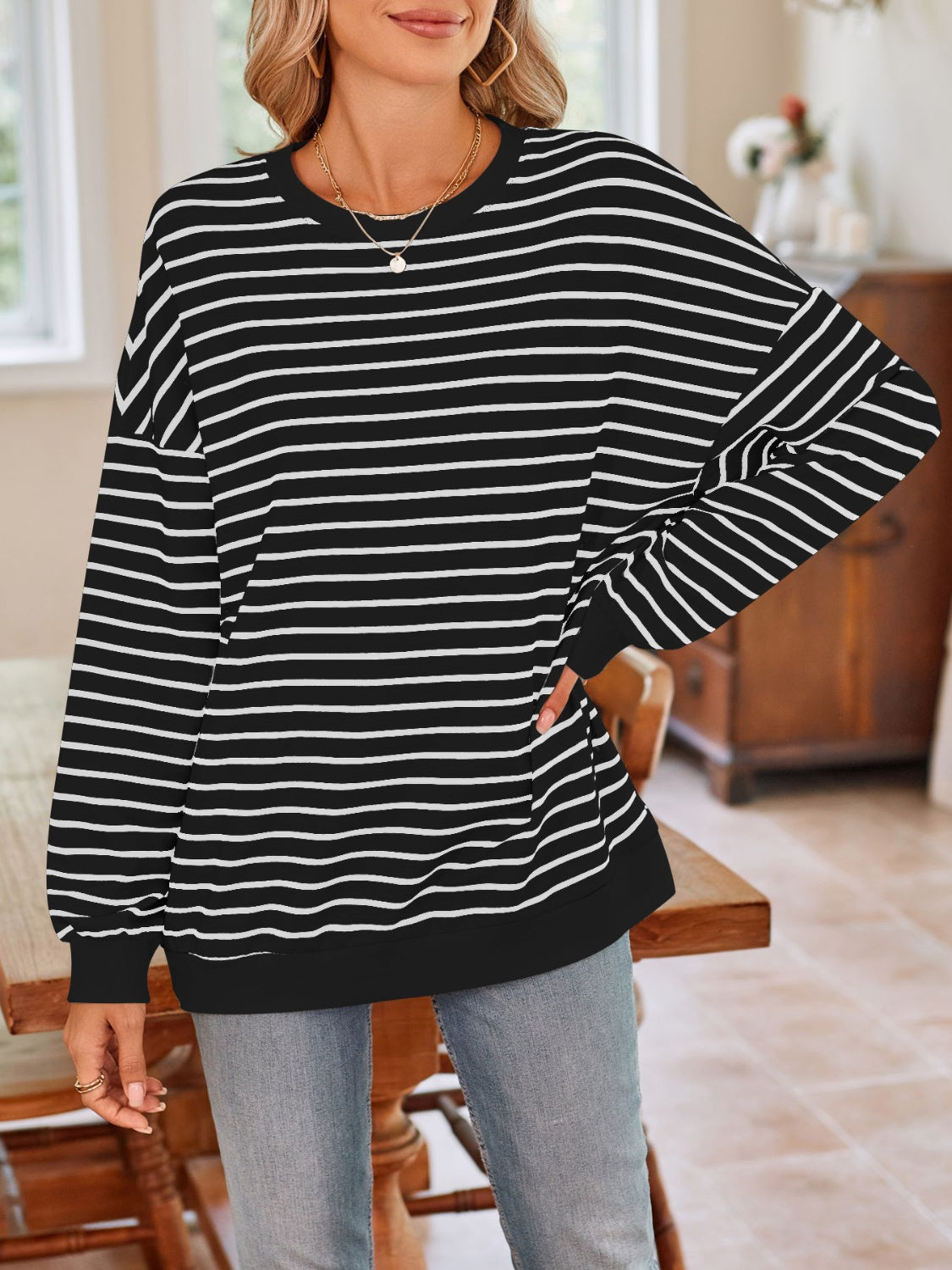 Striped Round Neck Long Sleeve Sweatshirt - T - 6 COLORS -