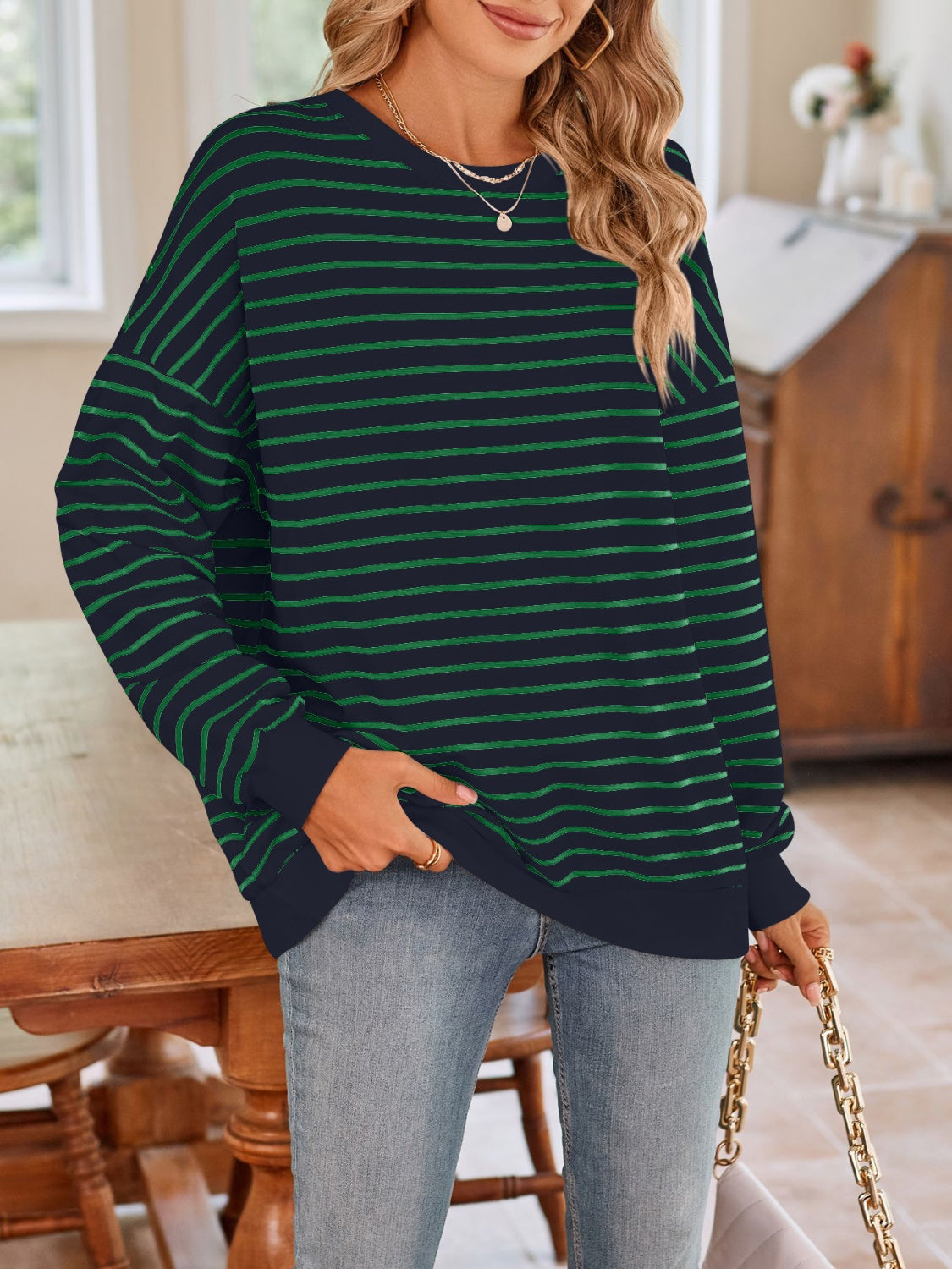 Striped Round Neck Long Sleeve Sweatshirt - T - 6 COLORS -