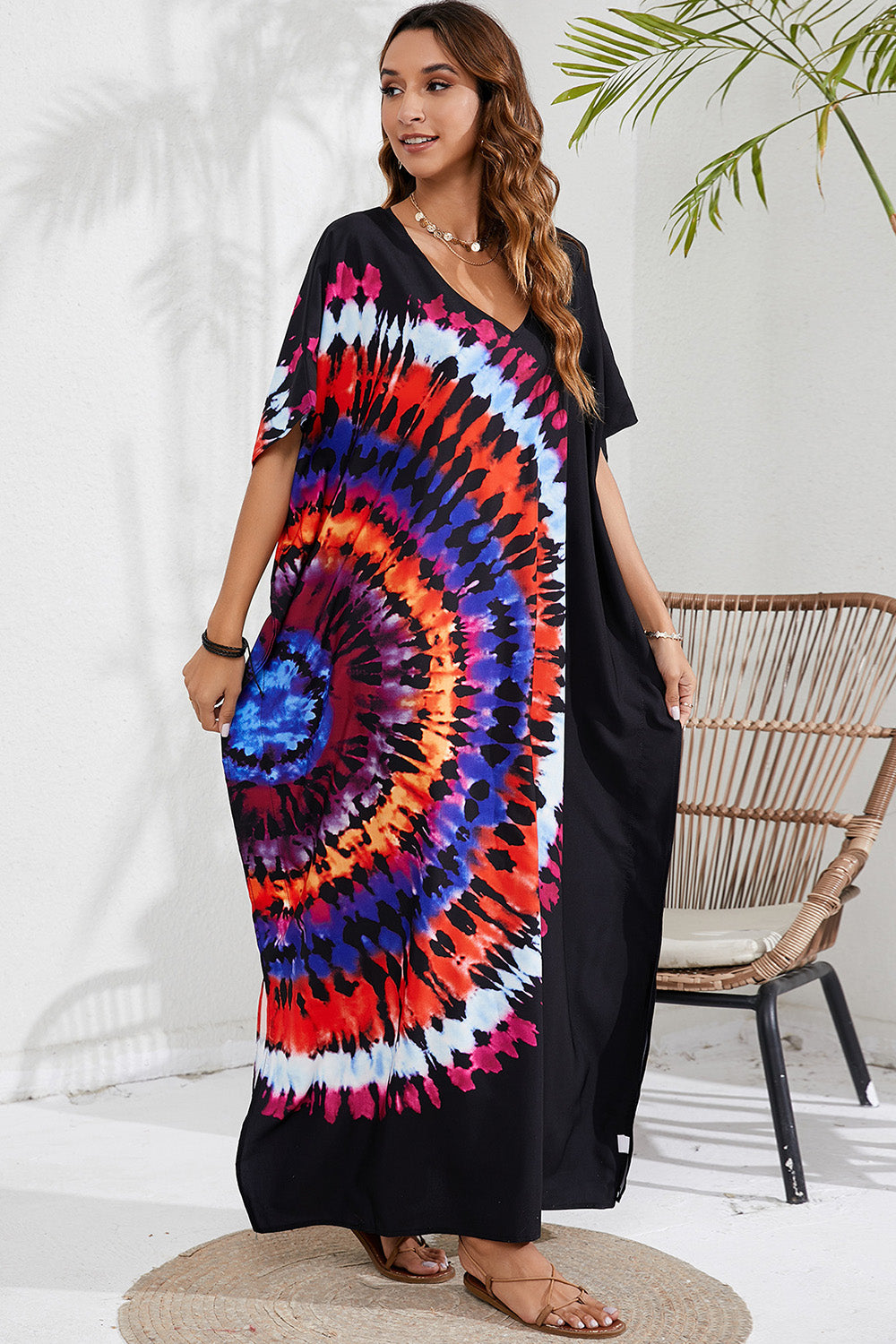 Slit Printed V-Neck Short Sleeve Cover Up - 1 SIZE FITS ALL - T - 12 COLORS/PATTERNS -